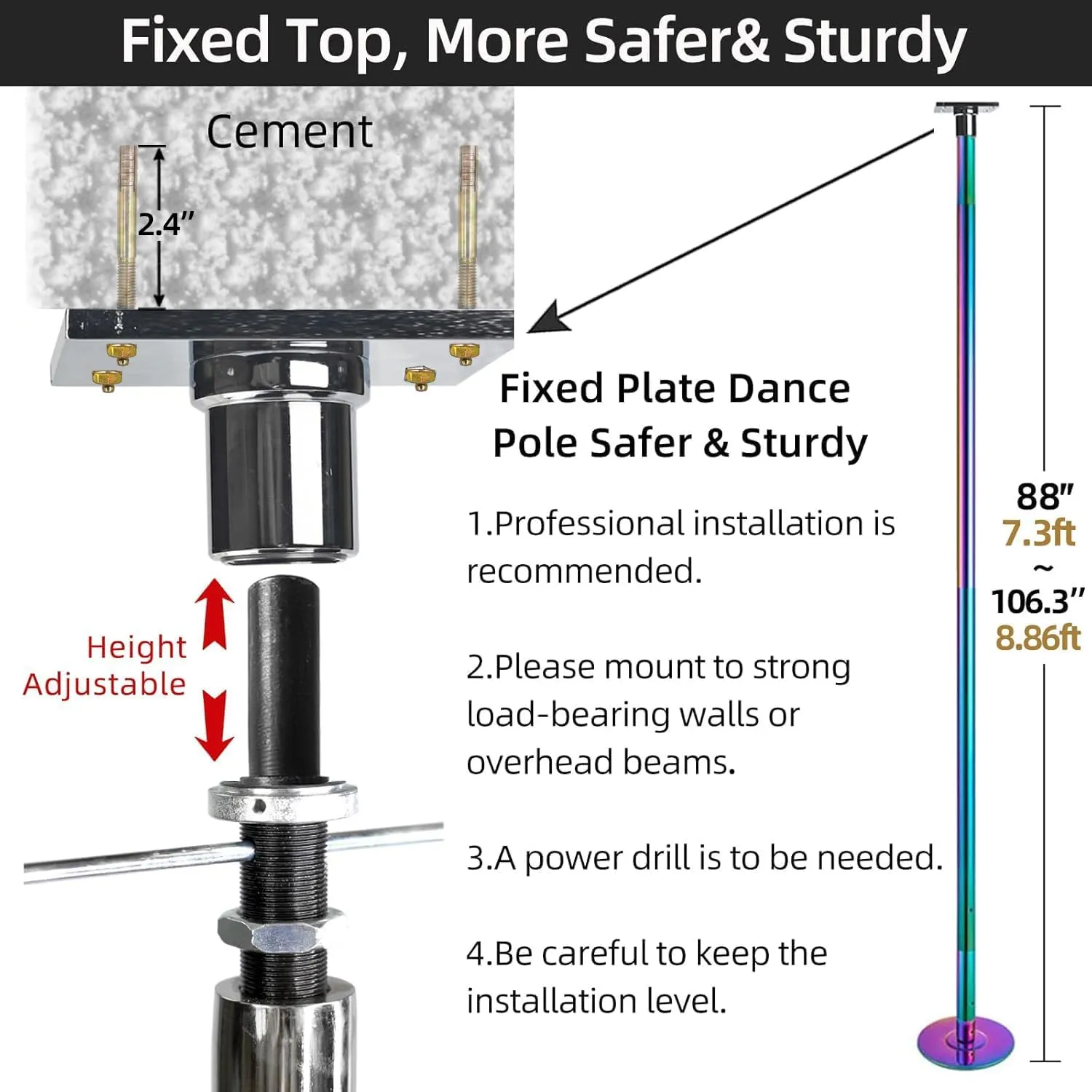 PRIOR FITNESS Permanent Fixed Dance Pole Kit, Professional 45mm Spinning & Static Dancing Pole Heavy-Duty Steel Pole Dance for Home, Adjustable Height Excellent for Home Exercise Studio Club Gym