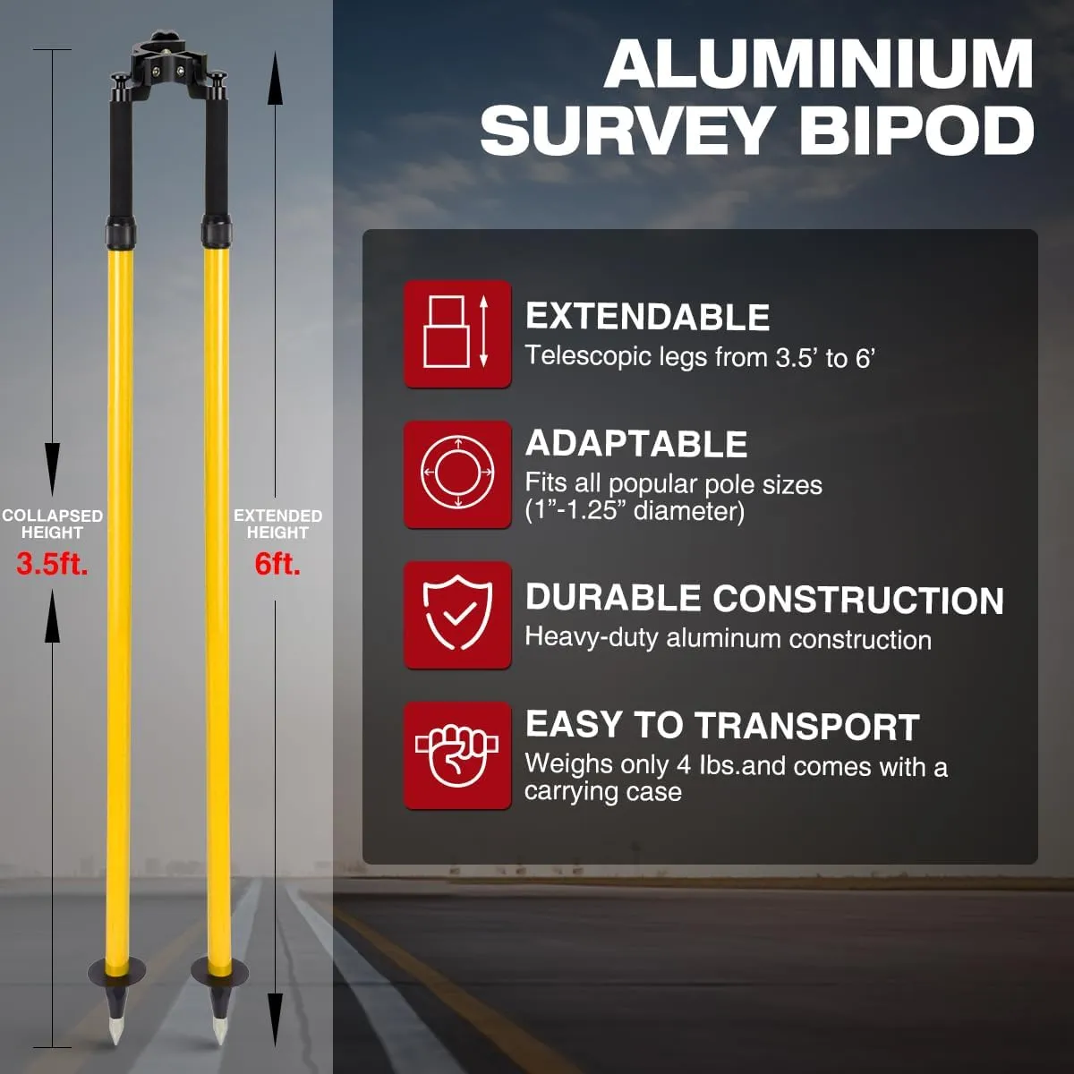 Professional Aluminum Surveying Bipod | Thumb-Release Adjustable Legs | Compatible with 1"-1.5" Poles & GNSS/Total Station Equipment(Yellow)