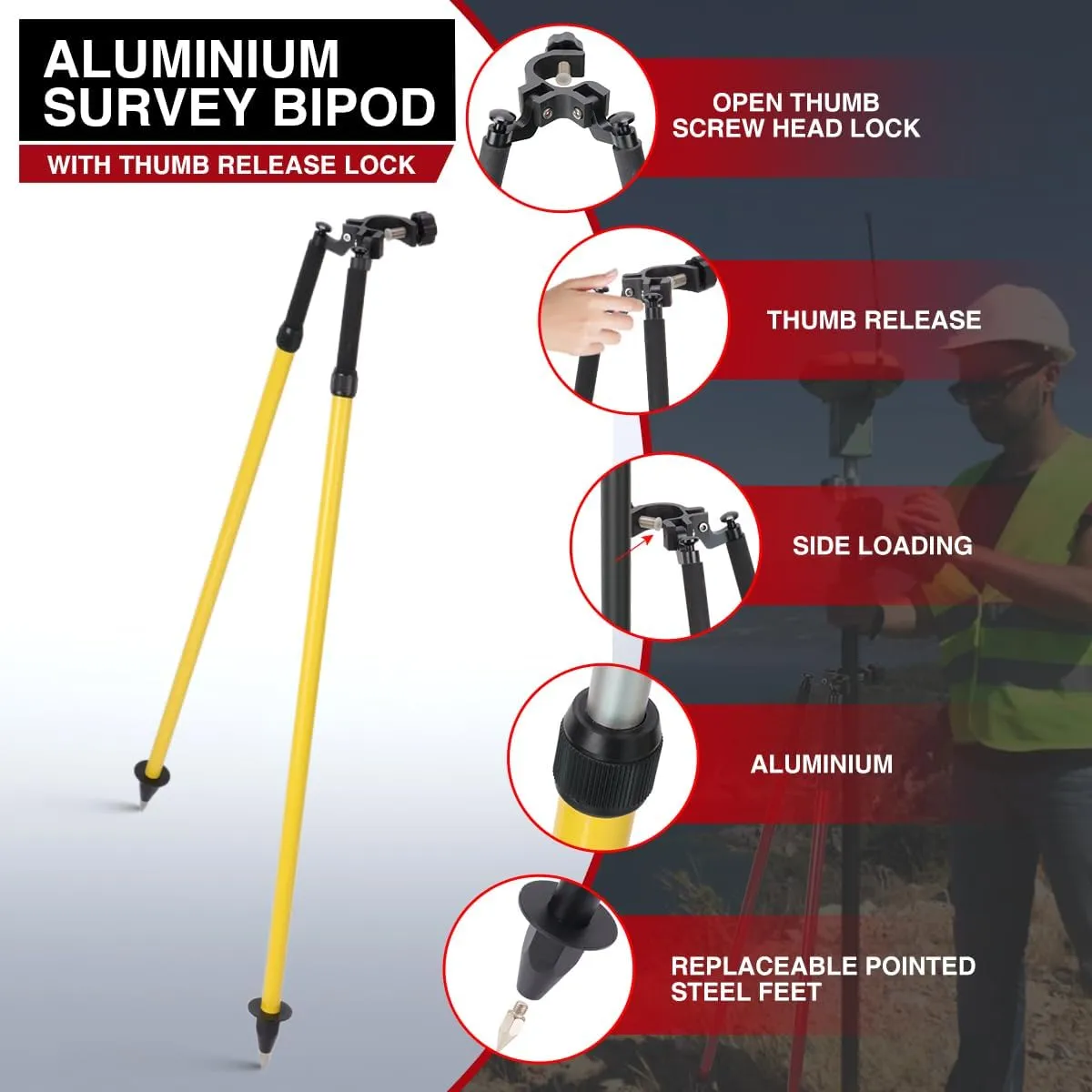 Professional Aluminum Surveying Bipod | Thumb-Release Adjustable Legs | Compatible with 1"-1.5" Poles & GNSS/Total Station Equipment(Yellow)