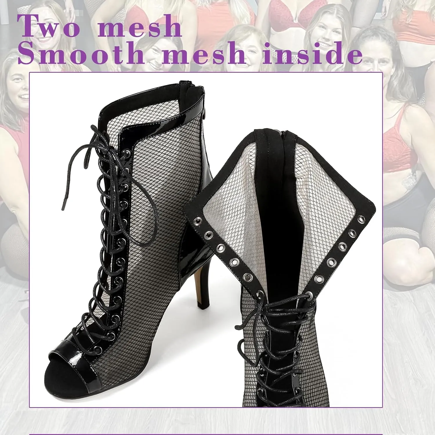 Professional Dancing Heels for Women's, Lace-Up Mesh Jazz Shoes,Zipper Peep Toe Booties,Pole Dance Boots