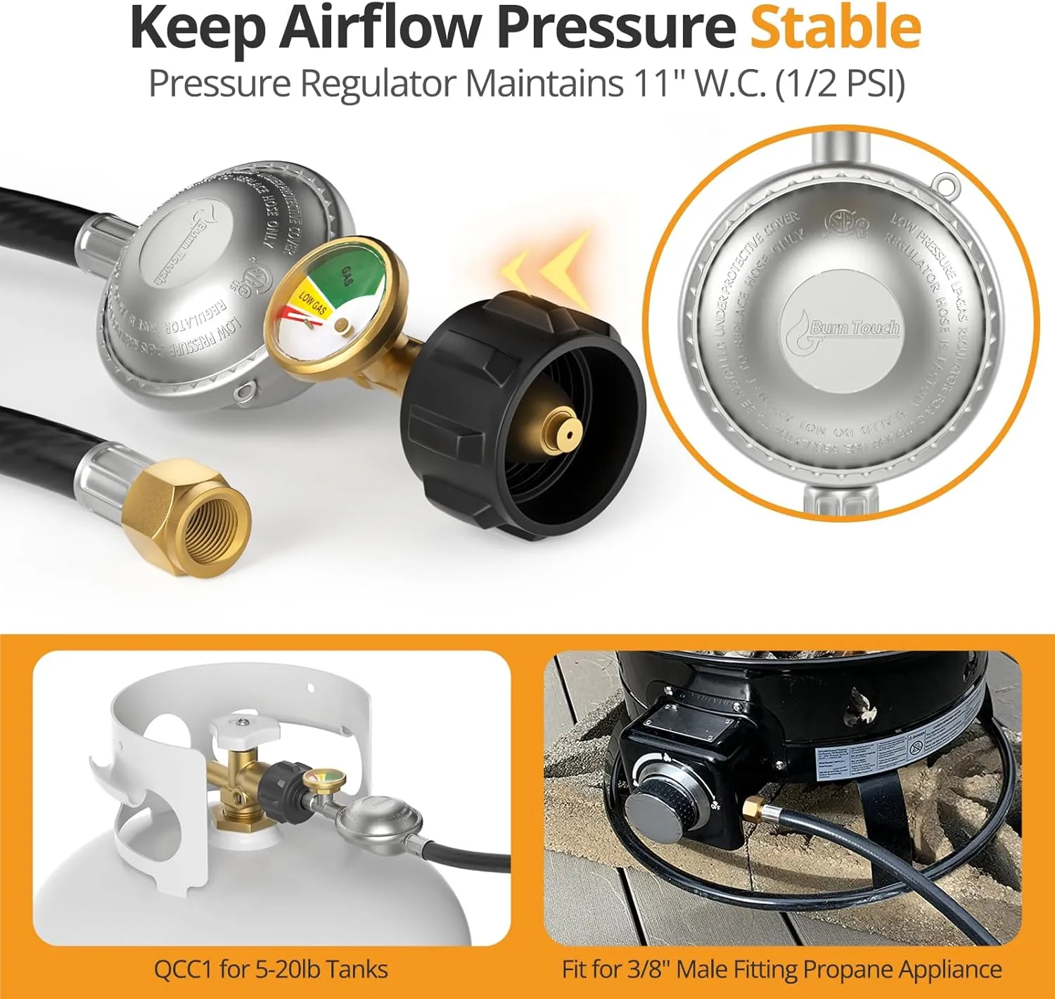Propane Hose Regulator 3FT with Gauge Gas Grill Replacement Parts for Blackstone 28" & 36" Griddles, Weber, Charbroil, Nexgrill Grills, Camp Chef Stove, Propane Patio Heater and Fire Pit