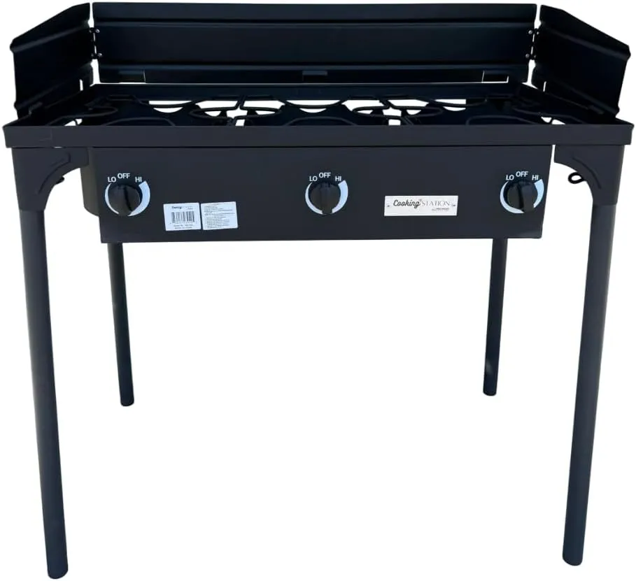 Propane Power Professional Triple Stove Burner Outdoor Gas Cooker with Wind-guard, Portable Stove including High Pressure 20 PSI Regulator with guage and removable legs