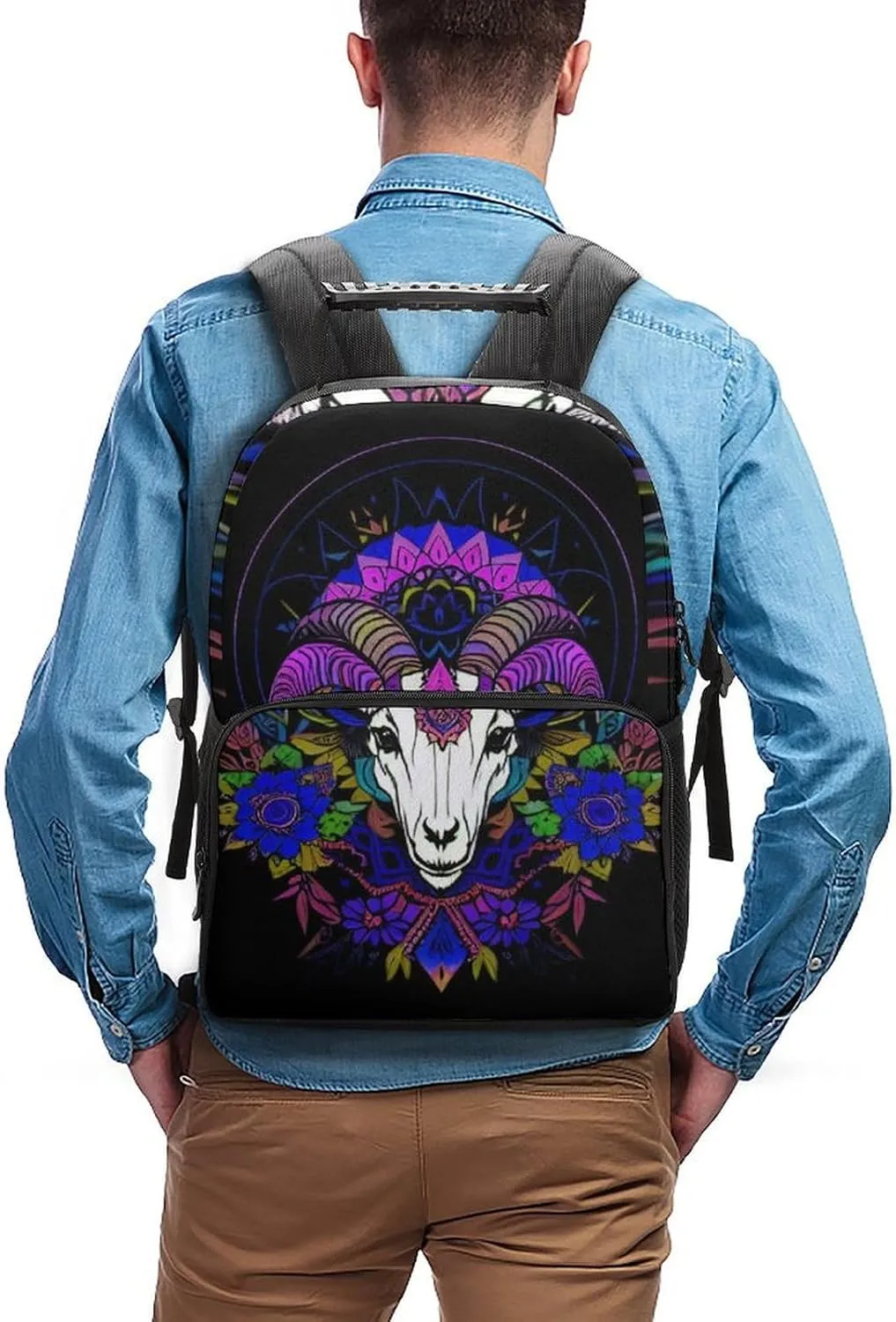 Psychedelic Goat Skull Art Daypack Polyester Anti-Theft Multipurpose Bookbag Big Capacity Gym Outdoor Hiking Backpack With Adjustable Shoulder Straps