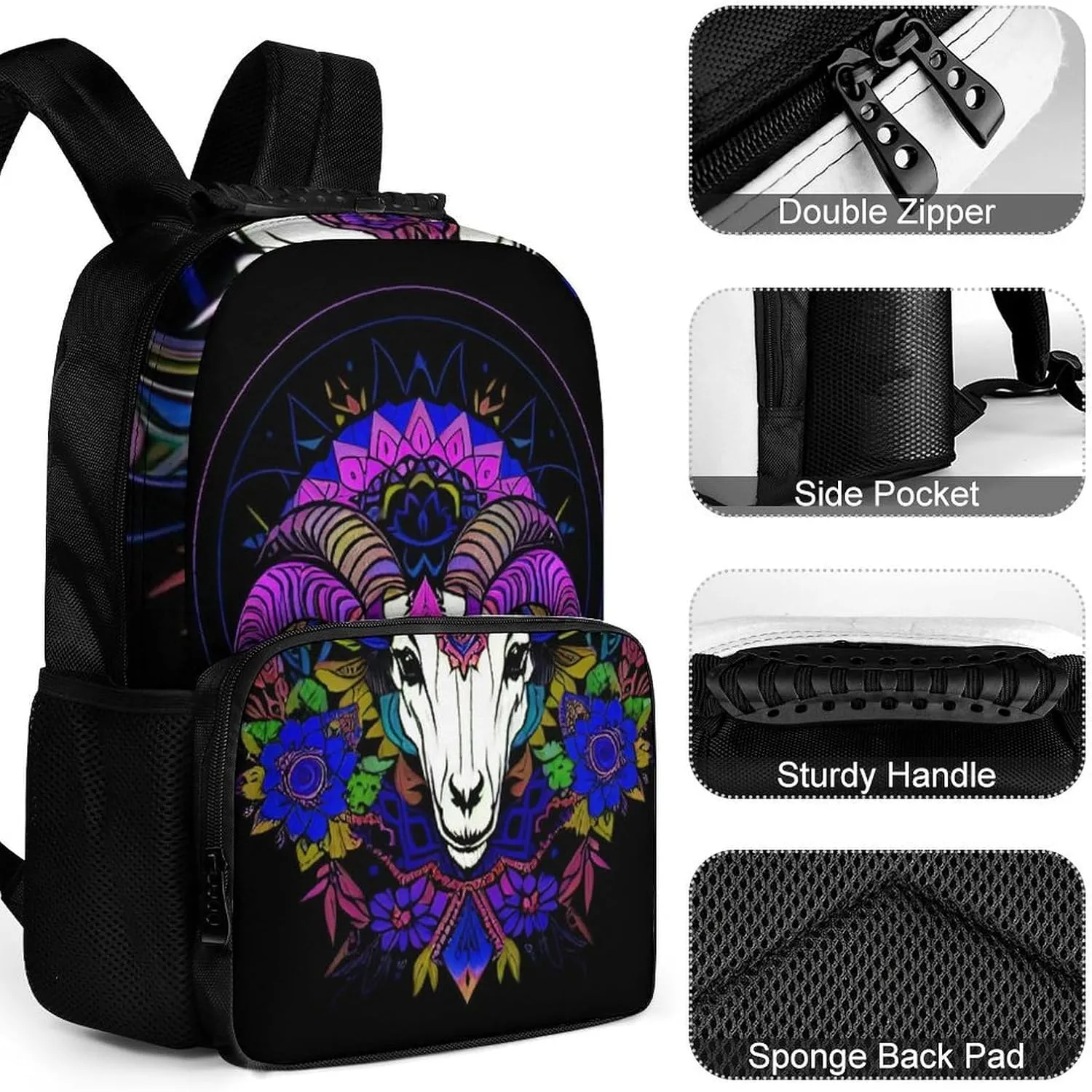 Psychedelic Goat Skull Art Daypack Polyester Anti-Theft Multipurpose Bookbag Big Capacity Gym Outdoor Hiking Backpack With Adjustable Shoulder Straps