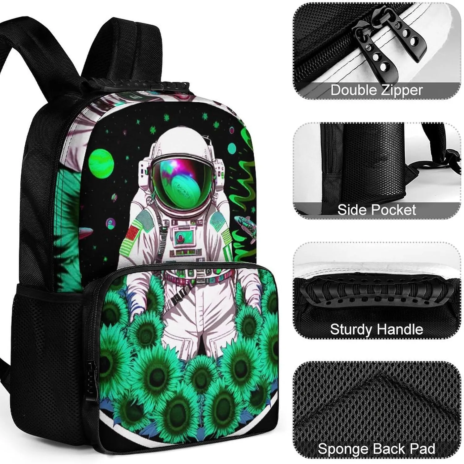 Psychedelic Space Astronaut Sunflower Snake Art Daypack Polyester Anti-Theft Multipurpose Bookbag Big Capacity Gym Outdoor Hiking Backpack With Adjustable Shoulder Straps