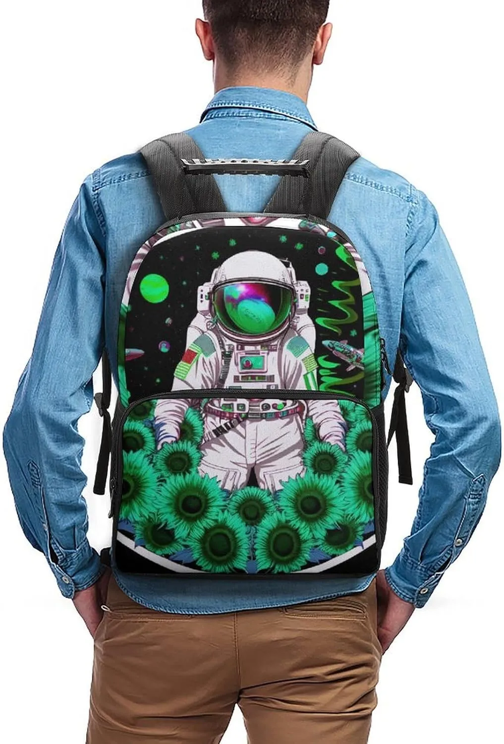 Psychedelic Space Astronaut Sunflower Snake Art Daypack Polyester Anti-Theft Multipurpose Bookbag Big Capacity Gym Outdoor Hiking Backpack With Adjustable Shoulder Straps