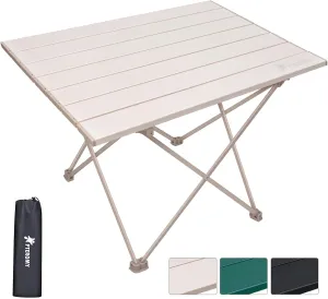 PTEROMY Folding Camping Table with Ultralight Aluminum Tabletop, Camping Side Table Portable Beach Table Outdoor Folding Table for Camping, Picnics, and BBQs (Medium, Beige)