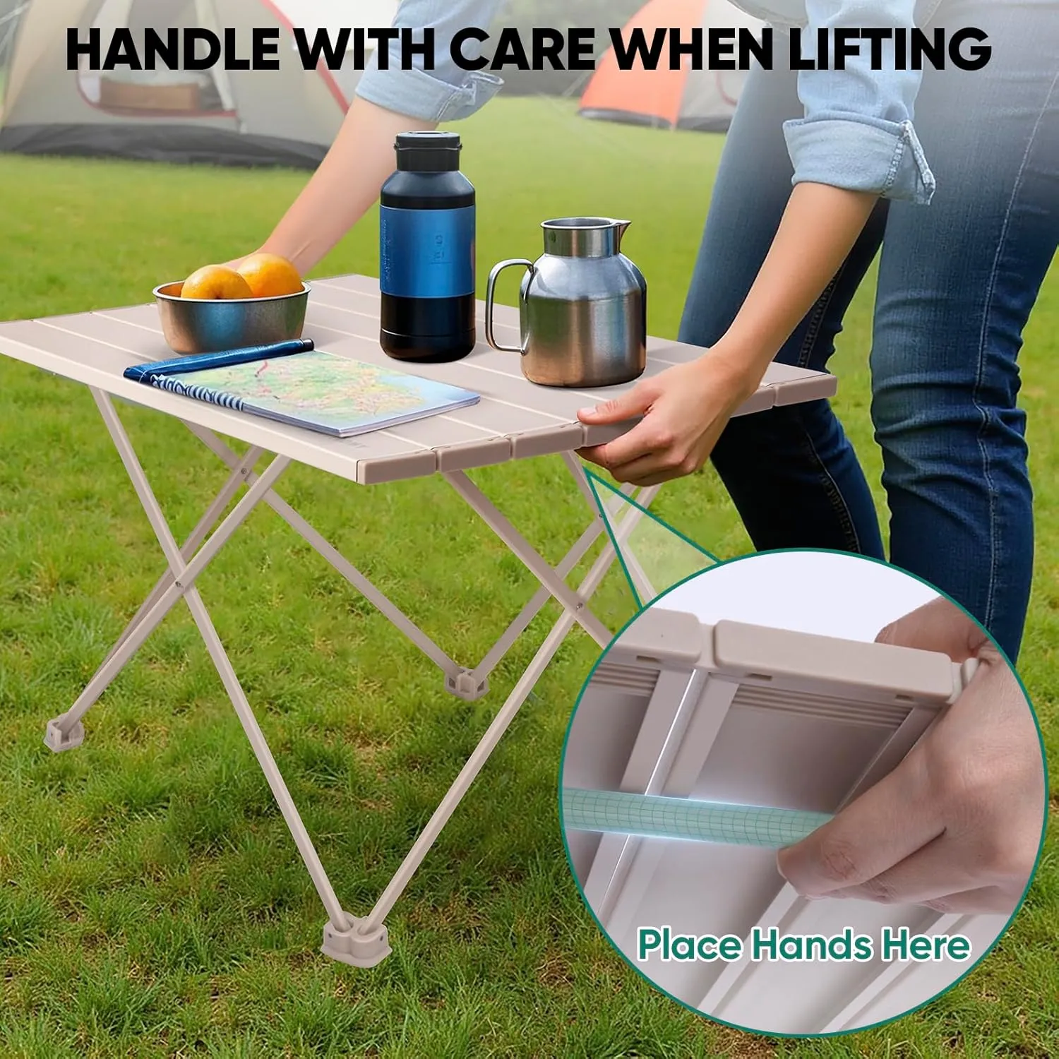 PTEROMY Folding Camping Table with Ultralight Aluminum Tabletop, Camping Side Table Portable Beach Table Outdoor Folding Table for Camping, Picnics, and BBQs (Medium, Beige)