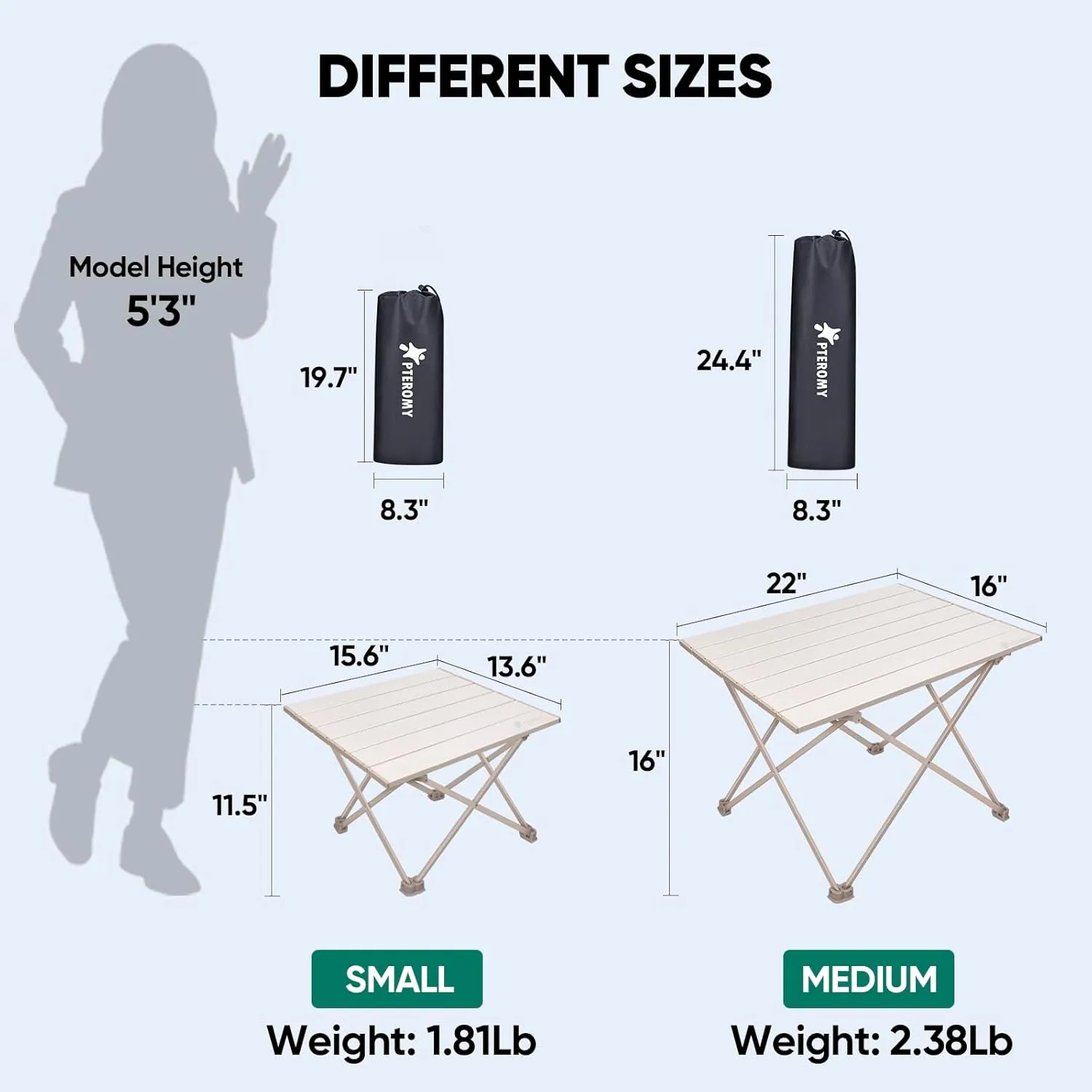 PTEROMY Folding Camping Table with Ultralight Aluminum Tabletop, Camping Side Table Portable Beach Table Outdoor Folding Table for Camping, Picnics, and BBQs (Medium, Beige)