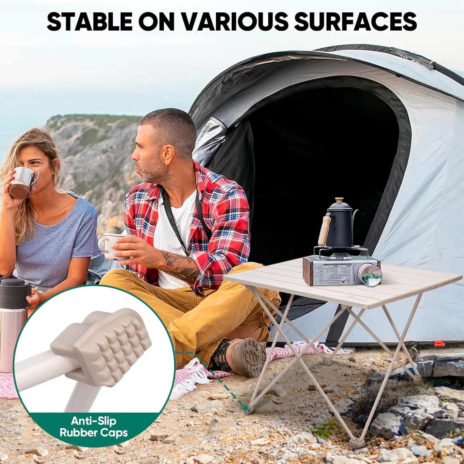 PTEROMY Folding Camping Table with Ultralight Aluminum Tabletop, Camping Side Table Portable Beach Table Outdoor Folding Table for Camping, Picnics, and BBQs (Medium, Beige)