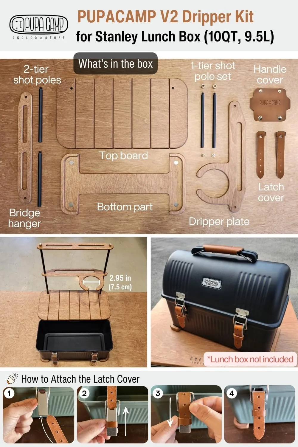 PUPACAMP Wooden Table and Dripper Accessories Compatible with Stanley Lunch Box 10qt (V2 Dripper Kit)