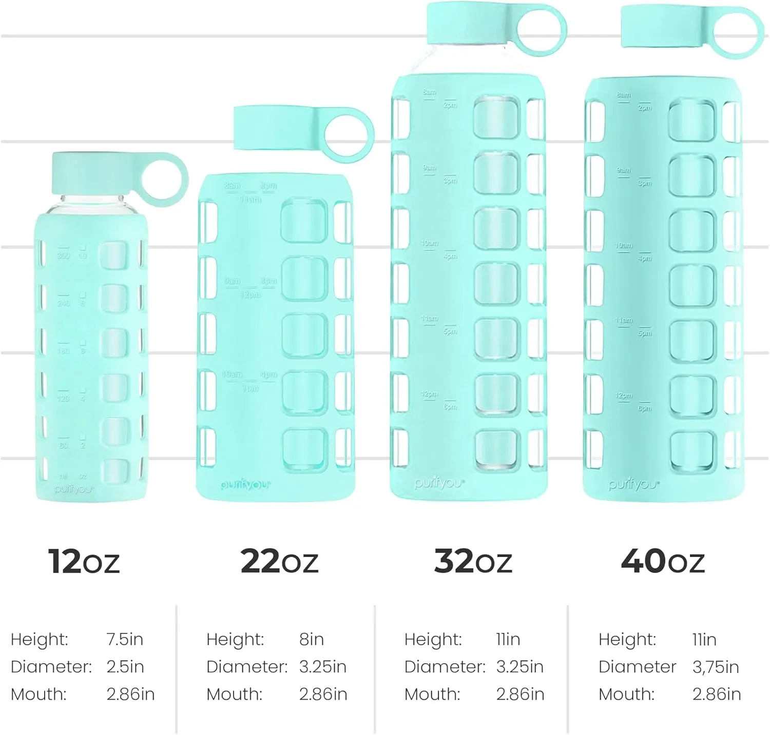 purifyou 40/32/22/12 oz Borosilicate Glass Water Bottles with Volume Markers, Silicone Sleeve, Stainless Steel Lid, Reusable Bottle for Water, Juice, Gym, and Fridge Storage (12oz Glow-in-the-Dark)