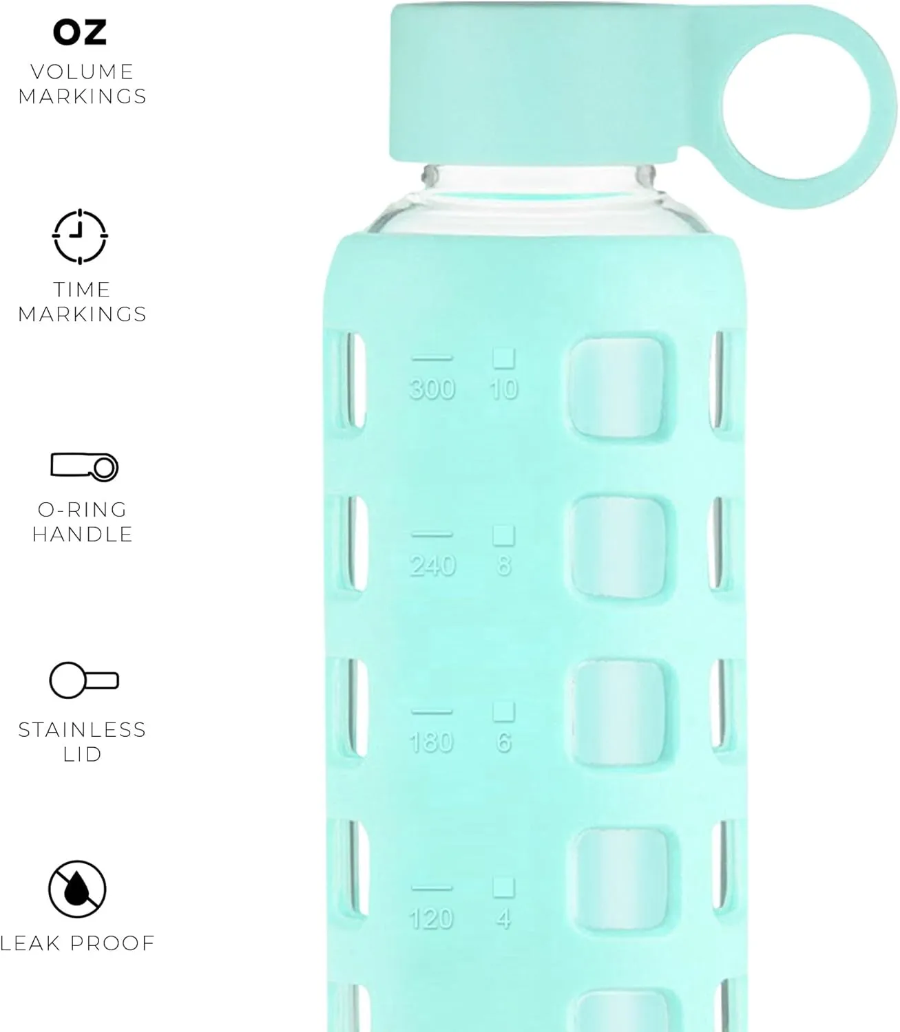 purifyou 40/32/22/12 oz Borosilicate Glass Water Bottles with Volume Markers, Silicone Sleeve, Stainless Steel Lid, Reusable Bottle for Water, Juice, Gym, and Fridge Storage (12oz Glow-in-the-Dark)