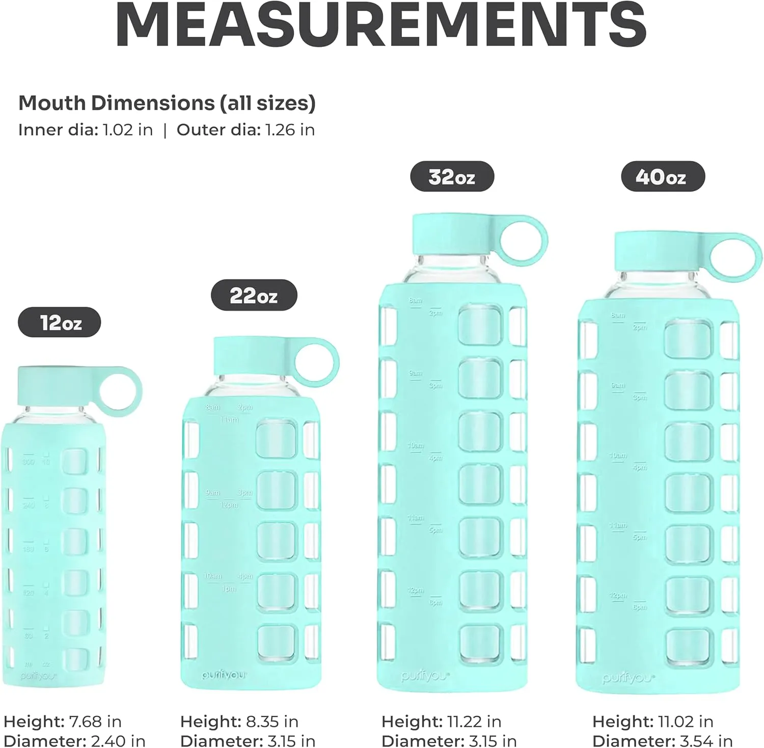 purifyou 40/32/22/12 oz Borosilicate Glass Water Bottles with Volume Markers, Silicone Sleeve, Stainless Steel Lid, Reusable Bottle for Water, Juice, Gym, and Fridge Storage (12oz Glow-in-the-Dark)