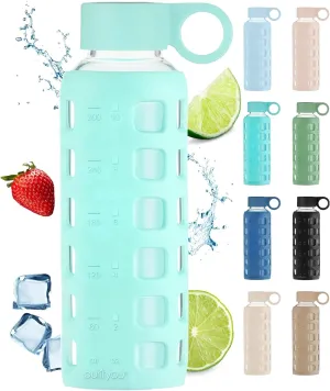 purifyou 40/32/22/12 oz Borosilicate Glass Water Bottles with Volume Markers, Silicone Sleeve, Stainless Steel Lid, Reusable Bottle for Water, Juice, Gym, and Fridge Storage (12oz Glow-in-the-Dark)