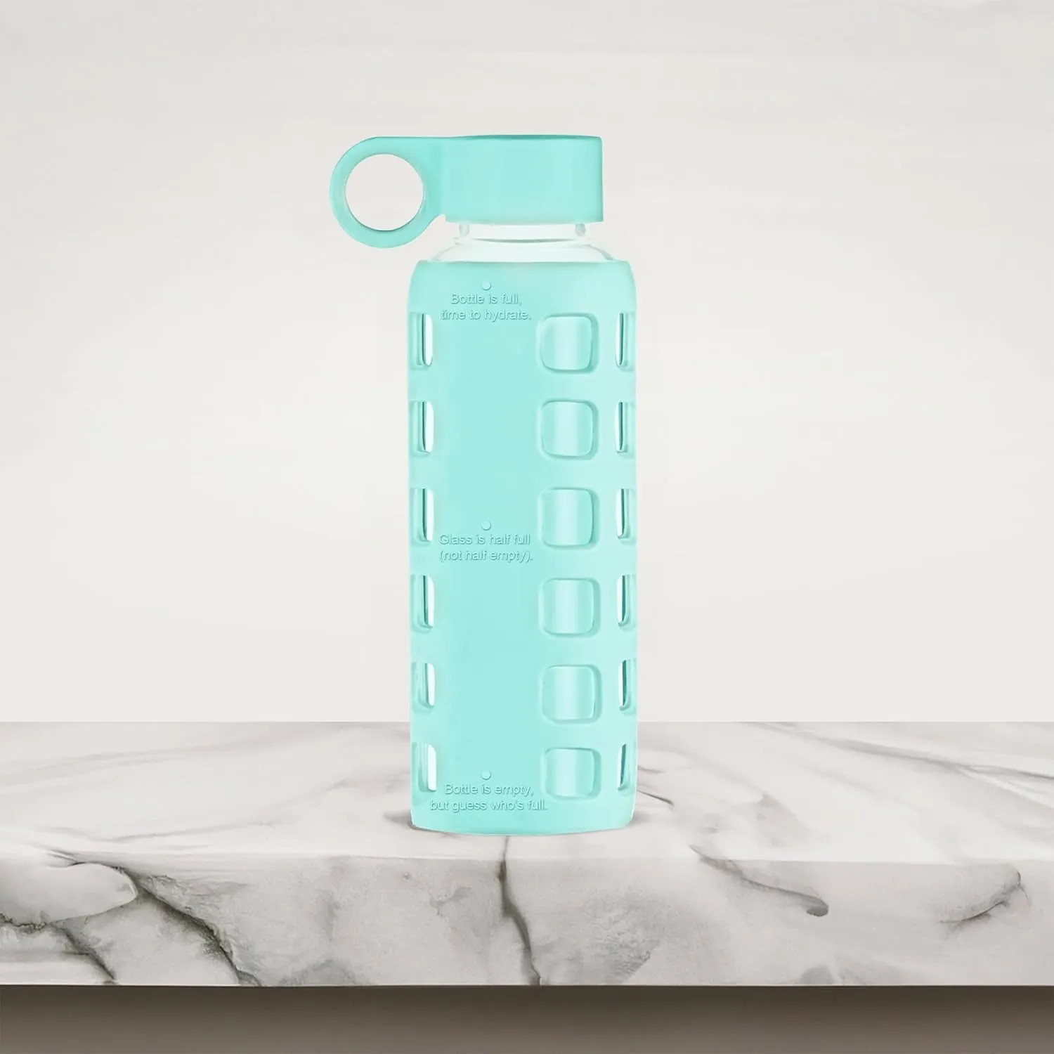 purifyou 40/32/22/12 oz Borosilicate Glass Water Bottles with Volume Markers, Silicone Sleeve, Stainless Steel Lid, Reusable Bottle for Water, Juice, Gym, and Fridge Storage (12oz Glow-in-the-Dark)