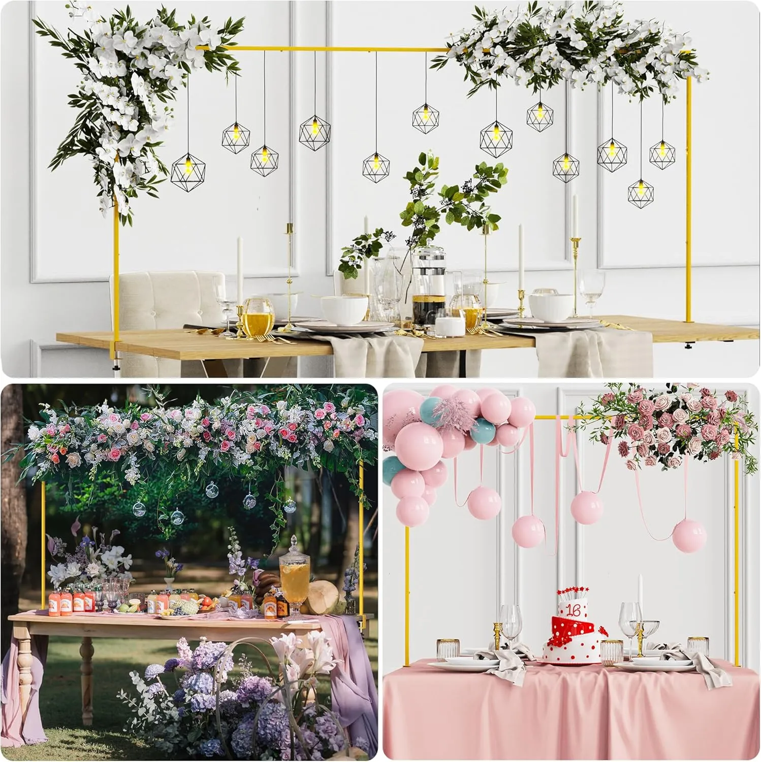 Putros Over The Table Rod Stand with Clamps Gold 13"-42'' Tall 29"-98" Length Adjustable Metal Table Arch Hanging Rod Stand for Party Wedding Anniversary Christmas Decoration
