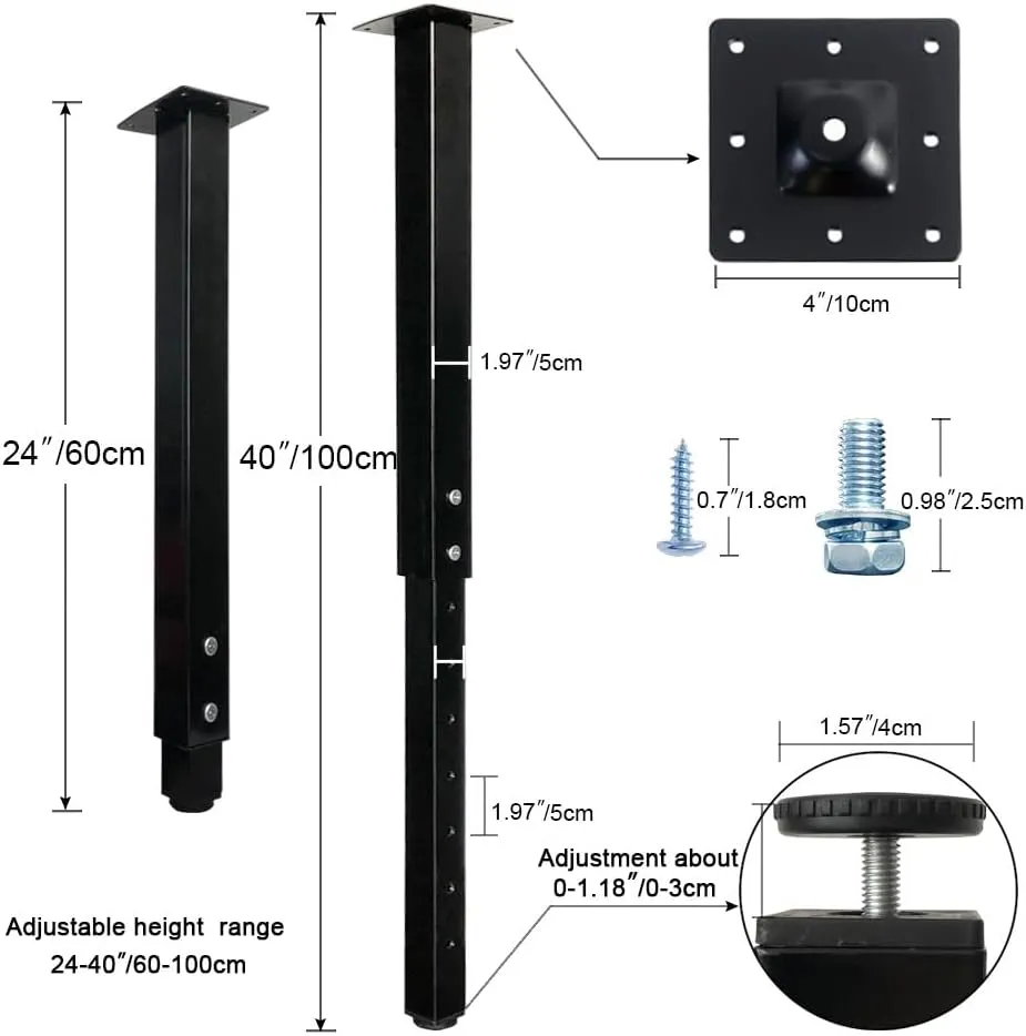 QLLY Adjustable Square Table Leg, 24-40 inch, 60-100cm, Home Office Custom DIY Table Legs, Furniture Leg Set (4, Black)