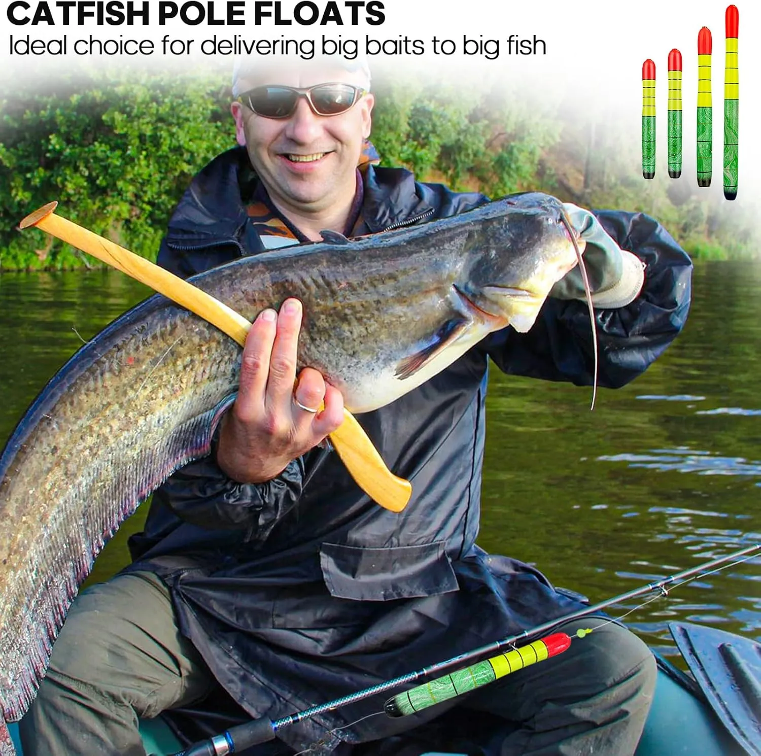 QualyQualy Fishing Floats, Weighted Catfish Pole Floats, High Visibility Wood Pole Fishing Float for Catfish Pike 7IN 10IN 12IN, 3PCS