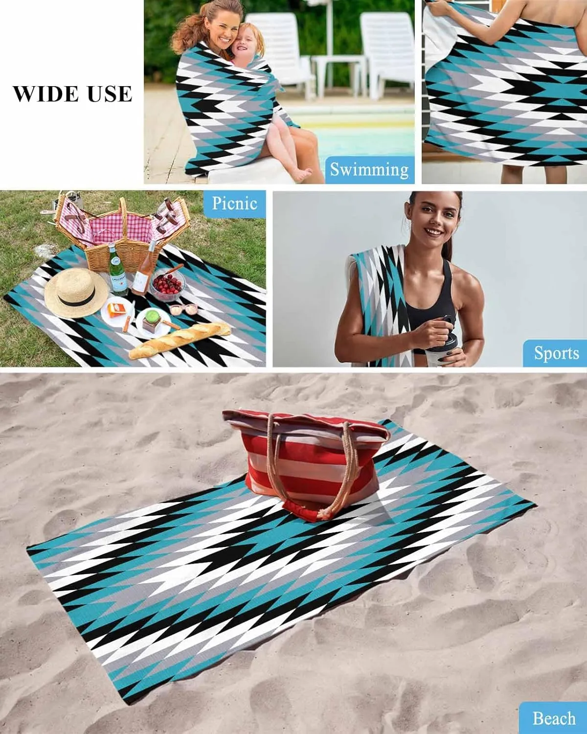 Quick-Drying Microfiber Beach Towel, Bohemian Soft Absorbent Bath Shower Towels, Teal Geometric Abstract Art Lightweight Portable Towel/Blanket for Travel/Swimming Pool/Camping/Yoga/Gym，35x70 Inch
