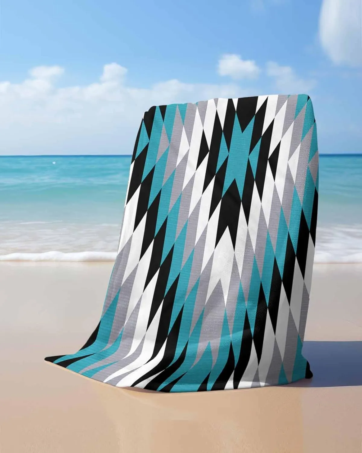 Quick-Drying Microfiber Beach Towel, Bohemian Soft Absorbent Bath Shower Towels, Teal Geometric Abstract Art Lightweight Portable Towel/Blanket for Travel/Swimming Pool/Camping/Yoga/Gym，35x70 Inch