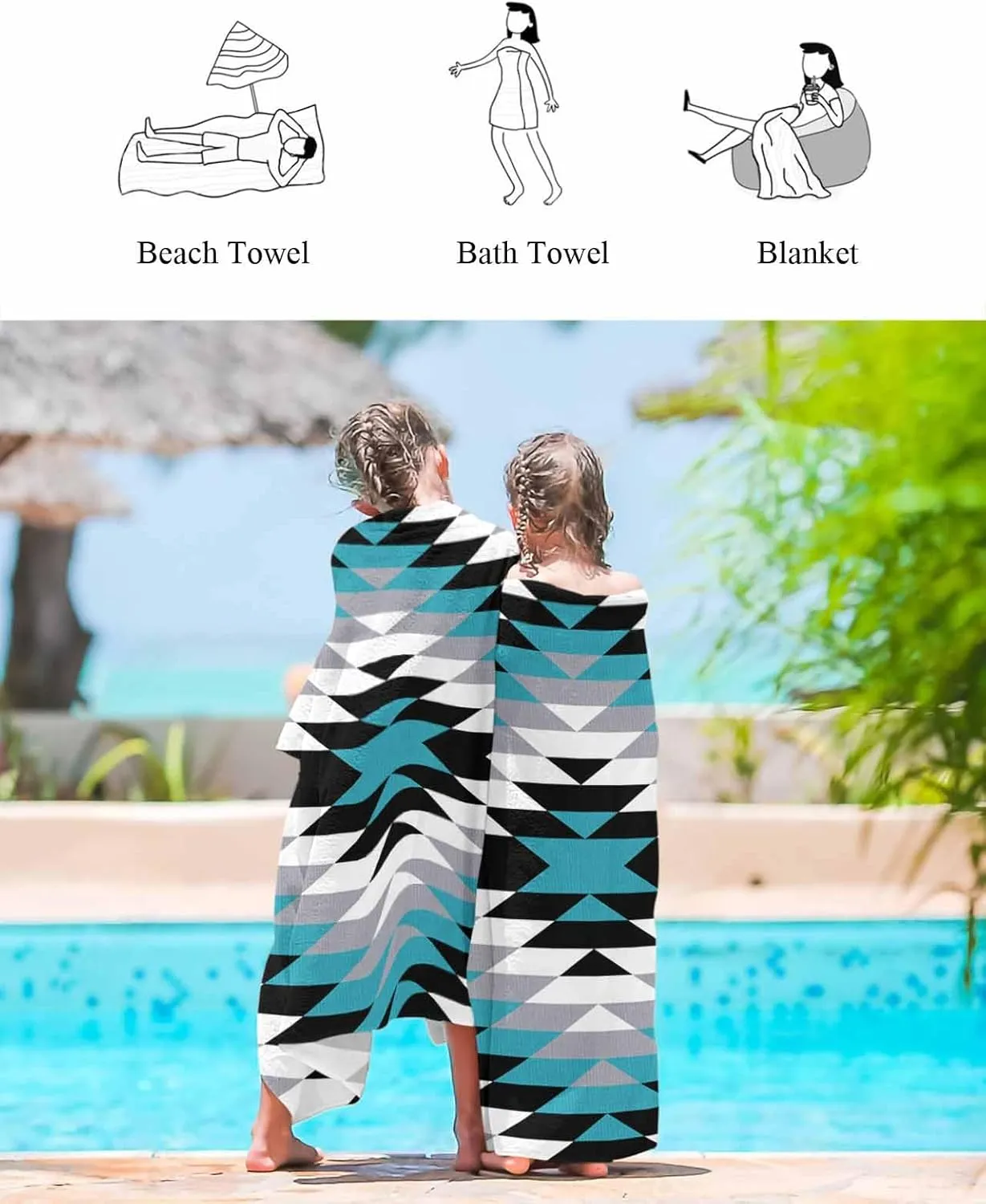 Quick-Drying Microfiber Beach Towel, Bohemian Soft Absorbent Bath Shower Towels, Teal Geometric Abstract Art Lightweight Portable Towel/Blanket for Travel/Swimming Pool/Camping/Yoga/Gym，35x70 Inch