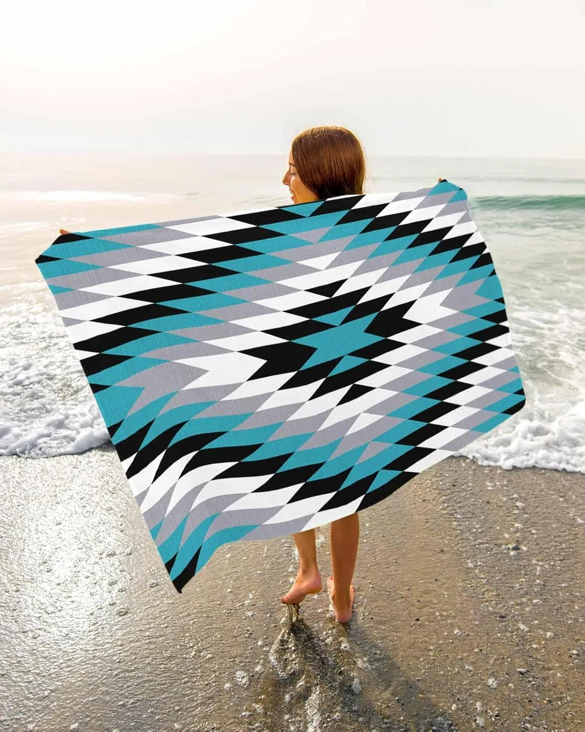 Quick-Drying Microfiber Beach Towel, Bohemian Soft Absorbent Bath Shower Towels, Teal Geometric Abstract Art Lightweight Portable Towel/Blanket for Travel/Swimming Pool/Camping/Yoga/Gym，35x70 Inch