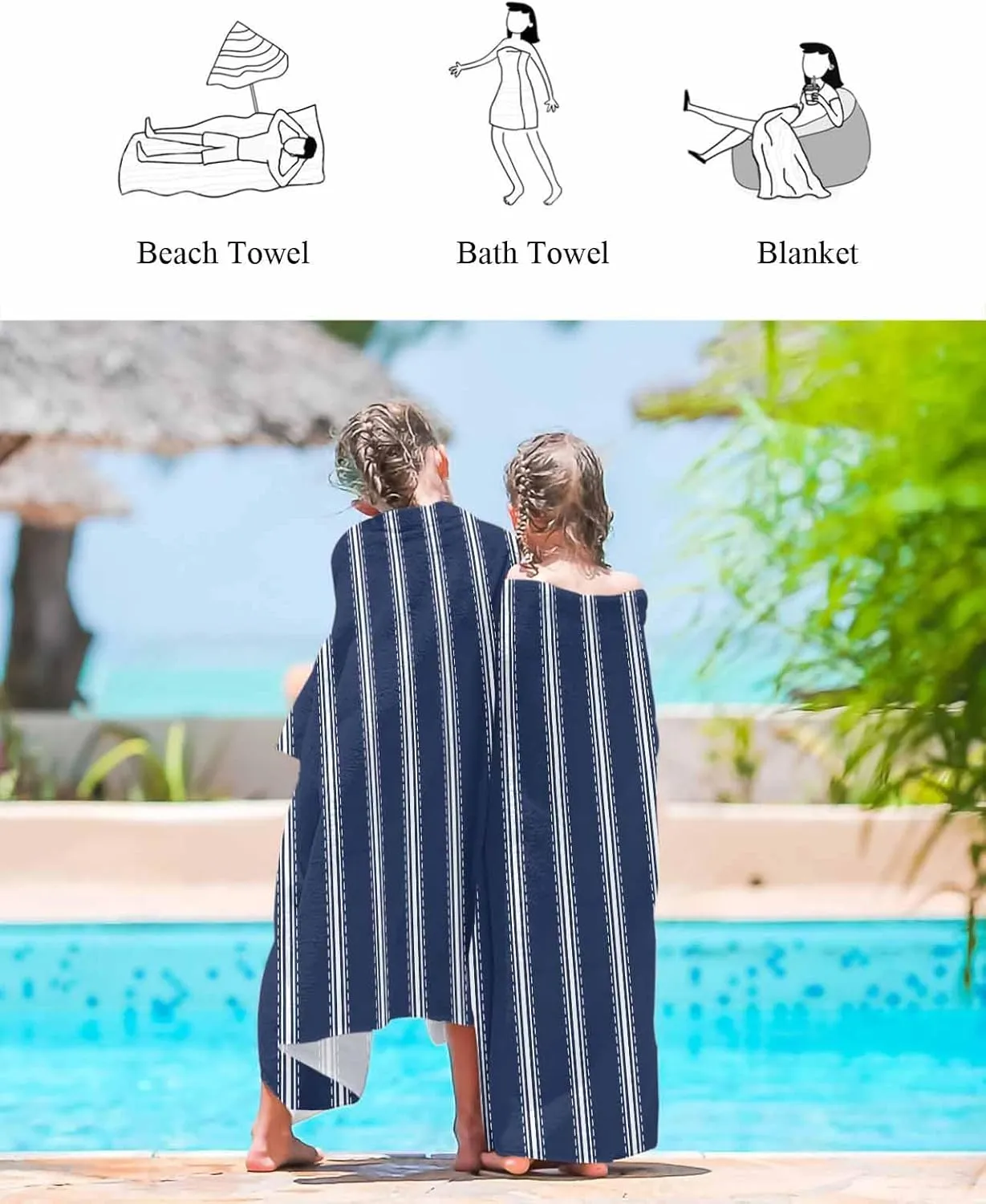 Quick-Drying Microfiber Beach Towel, Modern Simple Soft Absorbent Bath Shower Towels, Blue Stripe Lightweight Portable Towel/Blanket for Travel/Swimming Pool/Camping/Yoga/Gym，35x70 Inch