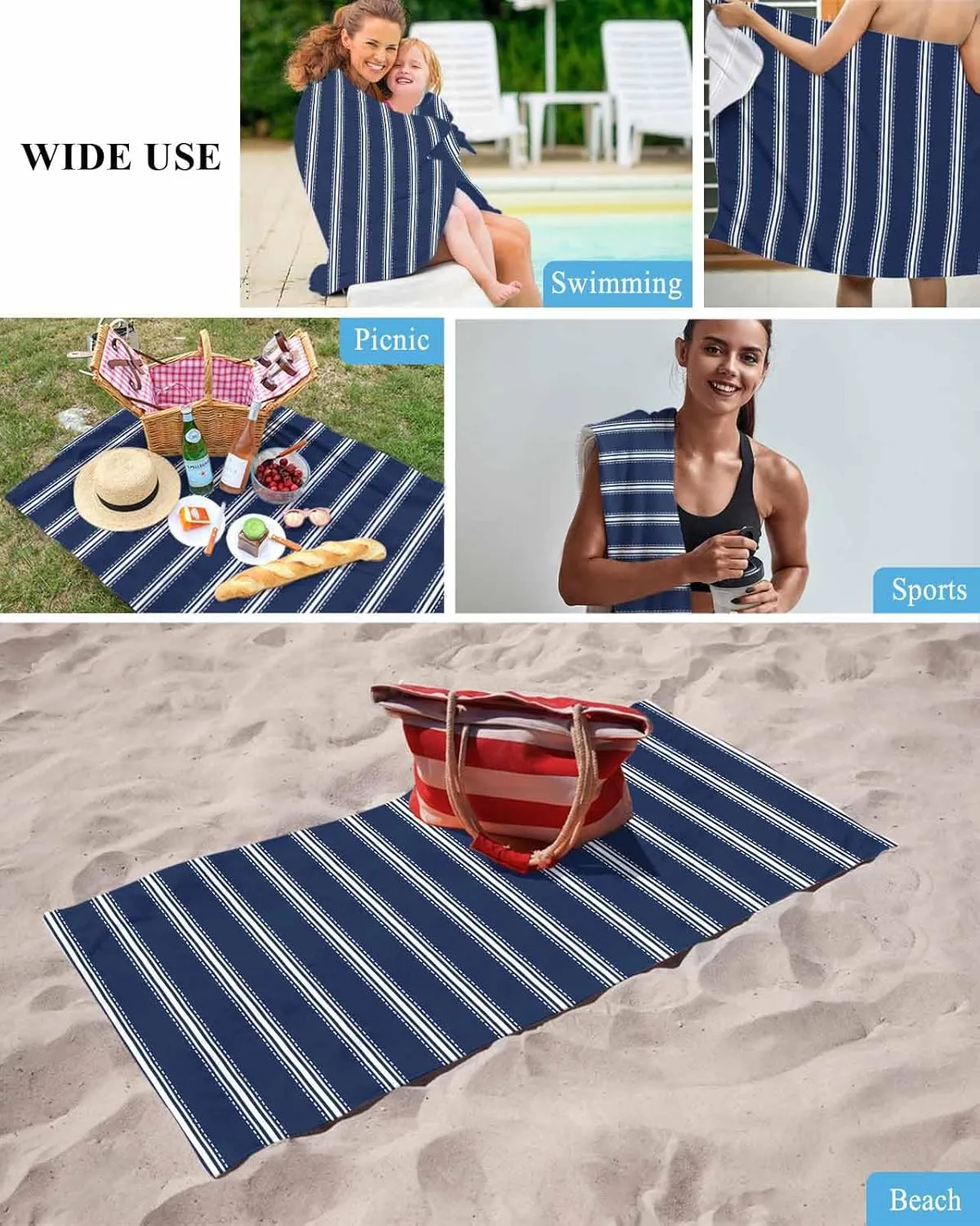 Quick-Drying Microfiber Beach Towel, Modern Simple Soft Absorbent Bath Shower Towels, Blue Stripe Lightweight Portable Towel/Blanket for Travel/Swimming Pool/Camping/Yoga/Gym，35x70 Inch