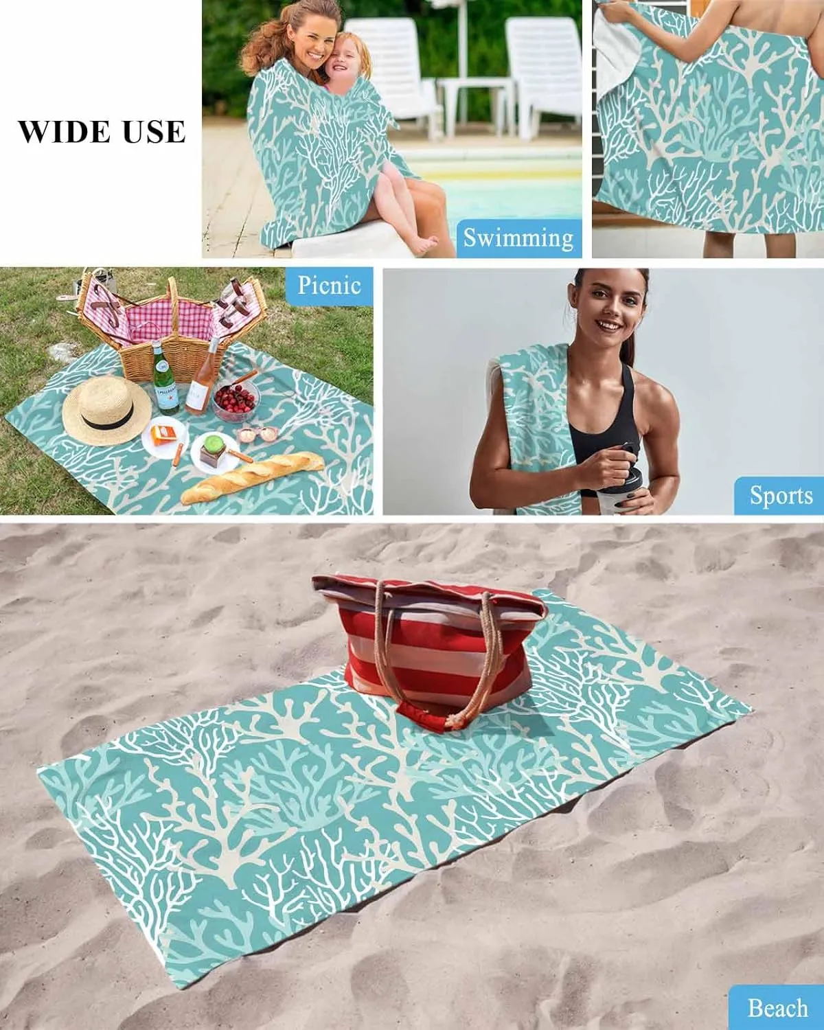 Quick-Drying Microfiber Beach Towel, Summer Ocean Soft Absorbent Bath Shower Towels, Coral Gradient Turquoise Lightweight Portable Towel/Blanket for Travel/Swimming Pool/Camping/Yoga/Gym，35x70 Inch
