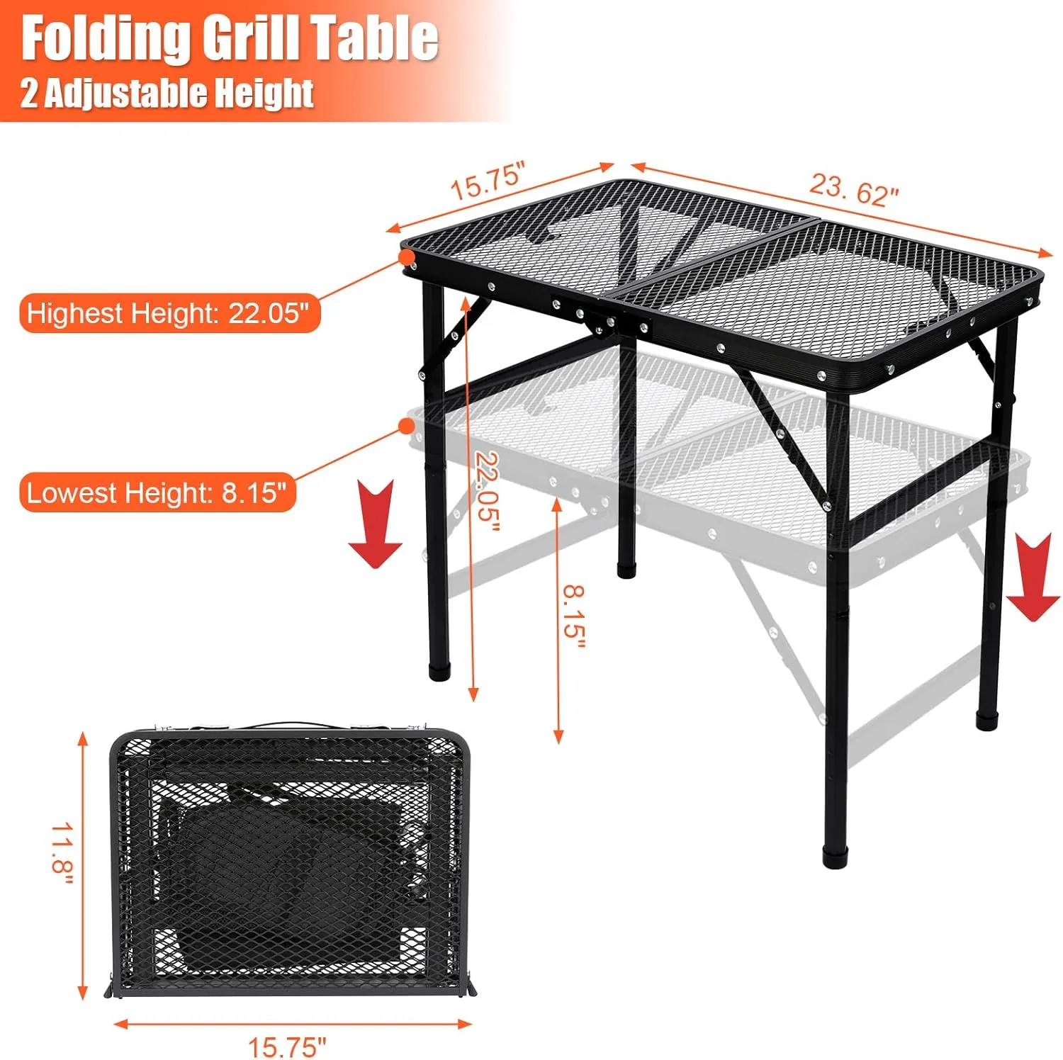 QuliMetal Portable Folding Grill Table with Adjustable Height & Mesh Desktop, Lightweight Camping Table – Perfect for BBQ, Picnic, Beach, & Indoor Use – Compact, Durable & Easy to Carry, Black