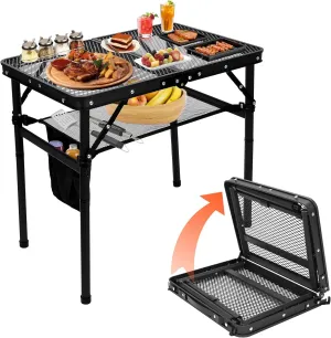 QuliMetal Portable Folding Grill Table with Adjustable Height & Mesh Desktop, Lightweight Camping Table – Perfect for BBQ, Picnic, Beach, & Indoor Use – Compact, Durable & Easy to Carry, Black