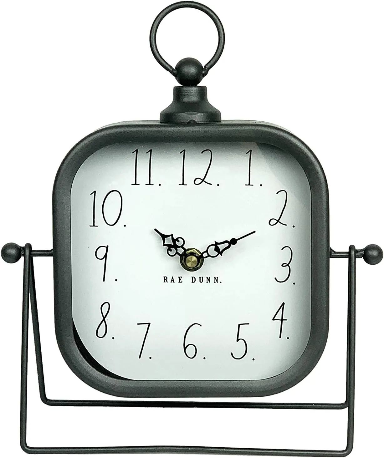 Rae Dunn Desk Clock - Battery Operated Modern Metal Rustic Design with Top Loop for Bedroom, Office, Kitchen - Small Classic Analog Display - Chic Home Décor for Desktop Table, Countertop