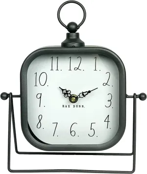 Rae Dunn Desk Clock - Battery Operated Modern Metal Rustic Design with Top Loop for Bedroom, Office, Kitchen - Small Classic Analog Display - Chic Home Décor for Desktop Table, Countertop