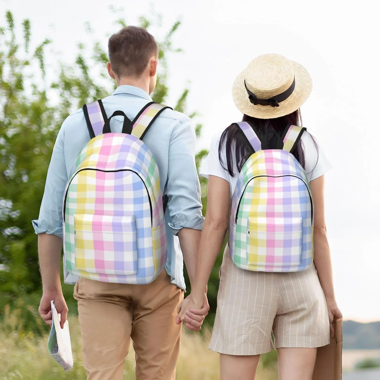 Rainbow Checkered Pastel Plaid Colorful Bright Backpack for Girls Boys Women Lightweight Canvas Bookbag Casual Daypack for Travel Outdoor Camping, 17 Inch
