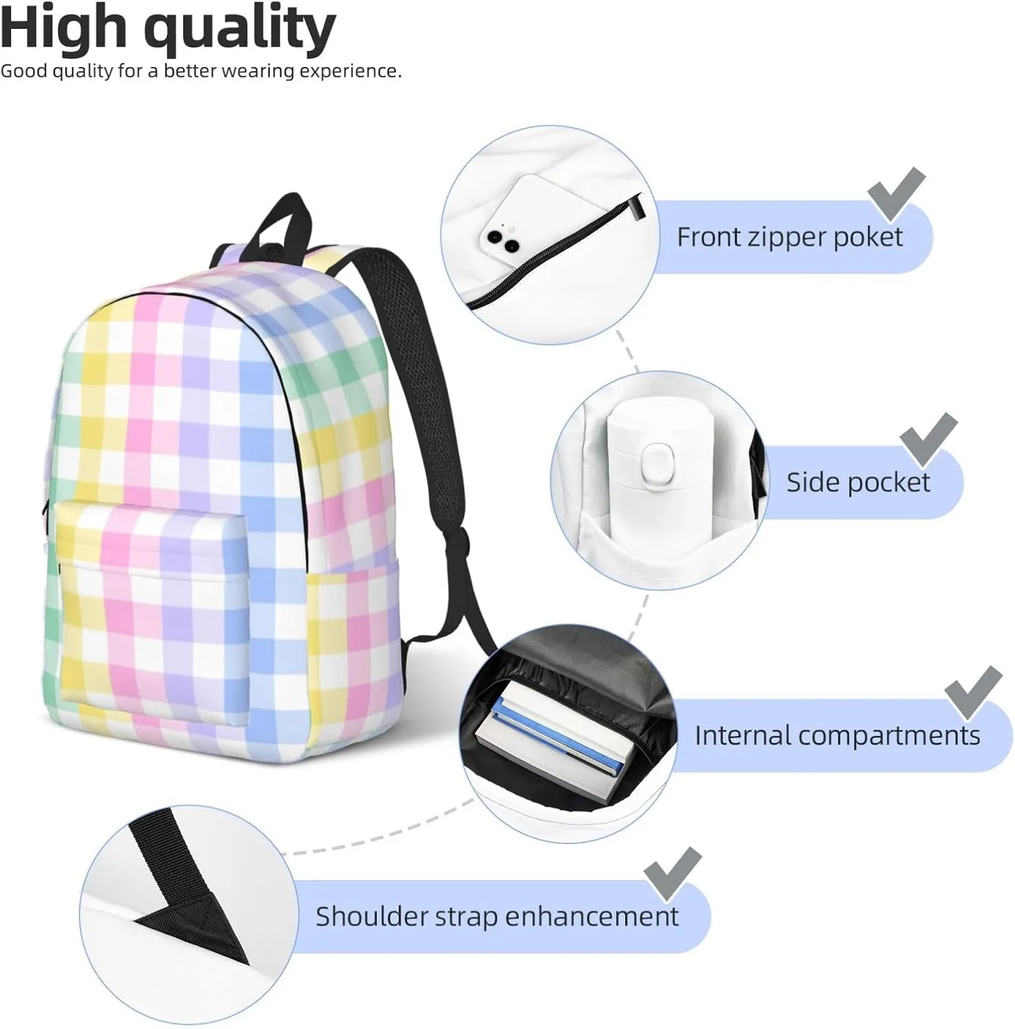Rainbow Checkered Pastel Plaid Colorful Bright Backpack for Girls Boys Women Lightweight Canvas Bookbag Casual Daypack for Travel Outdoor Camping, 17 Inch