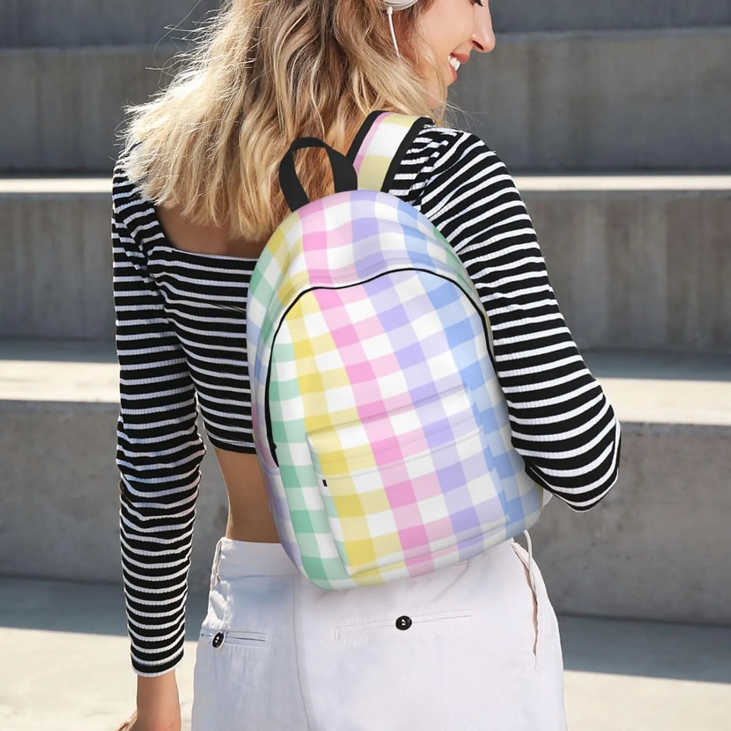 Rainbow Checkered Pastel Plaid Colorful Bright Backpack for Girls Boys Women Lightweight Canvas Bookbag Casual Daypack for Travel Outdoor Camping, 17 Inch