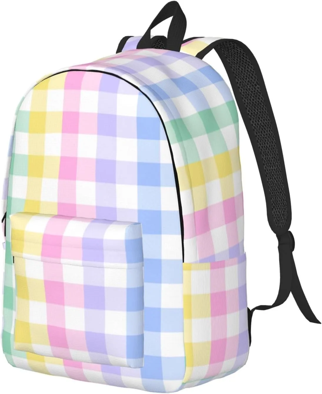 Rainbow Checkered Pastel Plaid Colorful Bright Backpack for Girls Boys Women Lightweight Canvas Bookbag Casual Daypack for Travel Outdoor Camping, 17 Inch