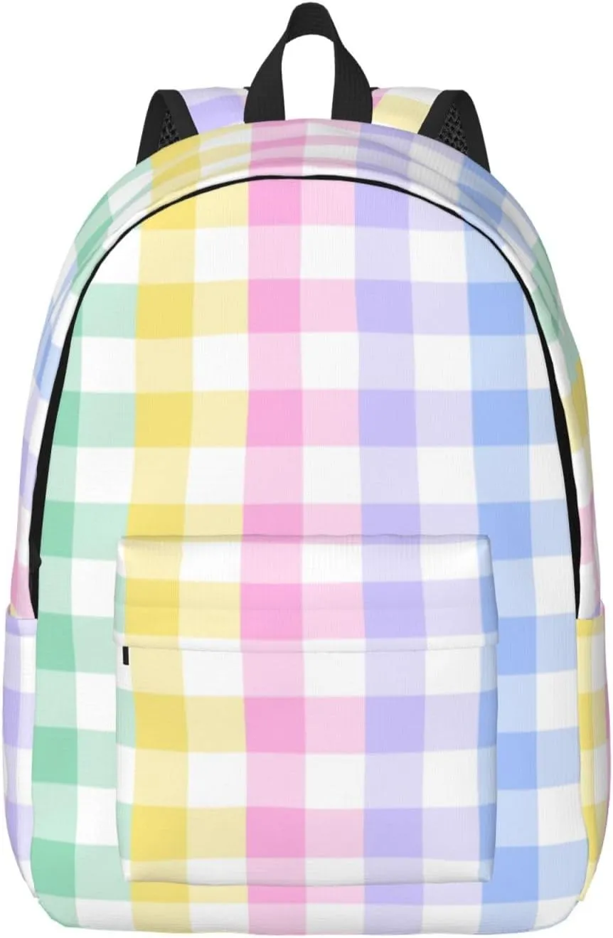 Rainbow Checkered Pastel Plaid Colorful Bright Backpack for Girls Boys Women Lightweight Canvas Bookbag Casual Daypack for Travel Outdoor Camping, 17 Inch