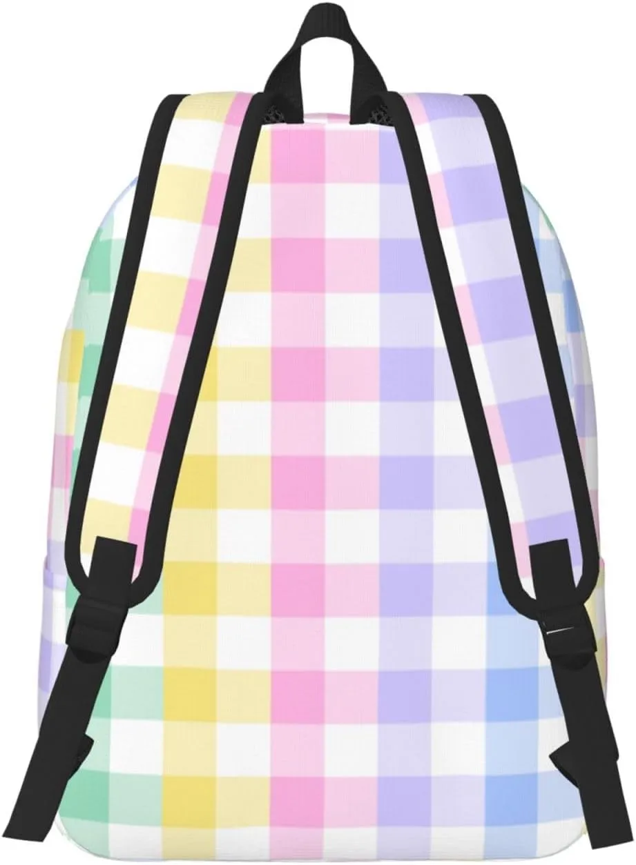 Rainbow Checkered Pastel Plaid Colorful Bright Backpack for Girls Boys Women Lightweight Canvas Bookbag Casual Daypack for Travel Outdoor Camping, 17 Inch