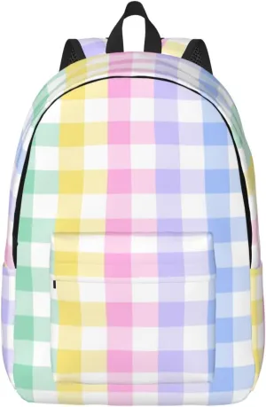 Rainbow Checkered Pastel Plaid Colorful Bright Backpack for Girls Boys Women Lightweight Canvas Bookbag Casual Daypack for Travel Outdoor Camping, 17 Inch
