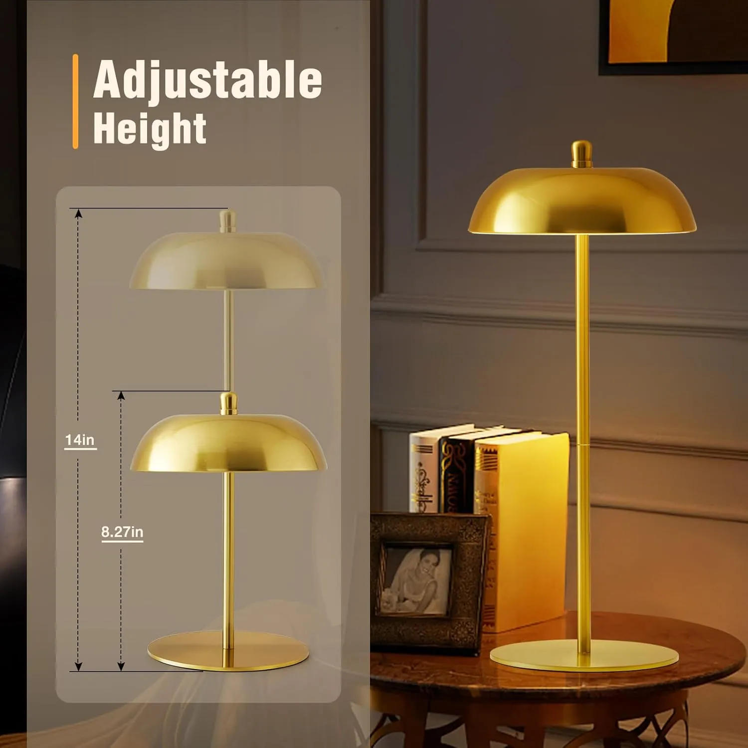 Rechargeable Cordless Table Lamps Set of 2 - Adjustable Height LED Desk Lamp 3 Way Dimmable Battery Operated Touch Nightstand Reading - Gold Small Bedside Table Lamp for Dorm Home Bedroom Office