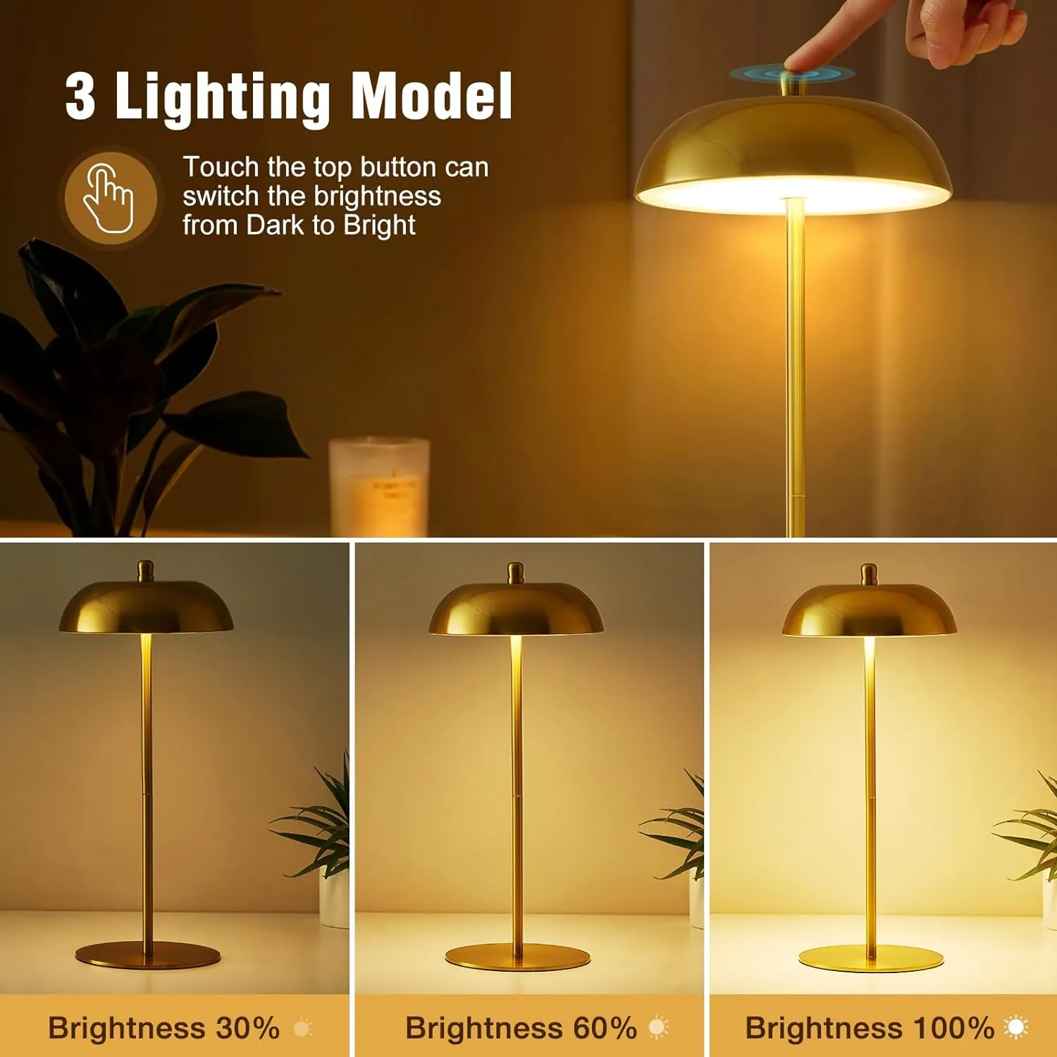 Rechargeable Cordless Table Lamps Set of 2 - Adjustable Height LED Desk Lamp 3 Way Dimmable Battery Operated Touch Nightstand Reading - Gold Small Bedside Table Lamp for Dorm Home Bedroom Office