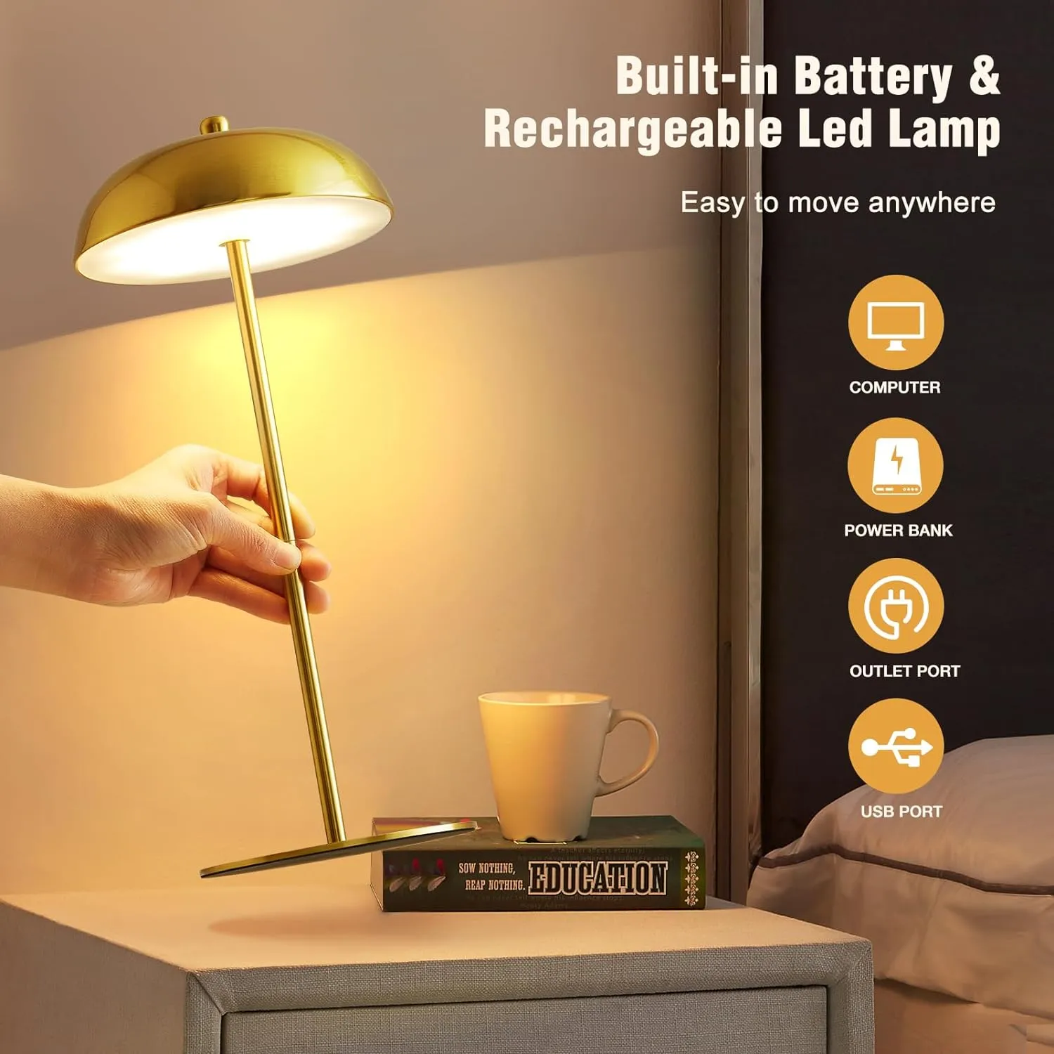 Rechargeable Cordless Table Lamps Set of 2 - Adjustable Height LED Desk Lamp 3 Way Dimmable Battery Operated Touch Nightstand Reading - Gold Small Bedside Table Lamp for Dorm Home Bedroom Office