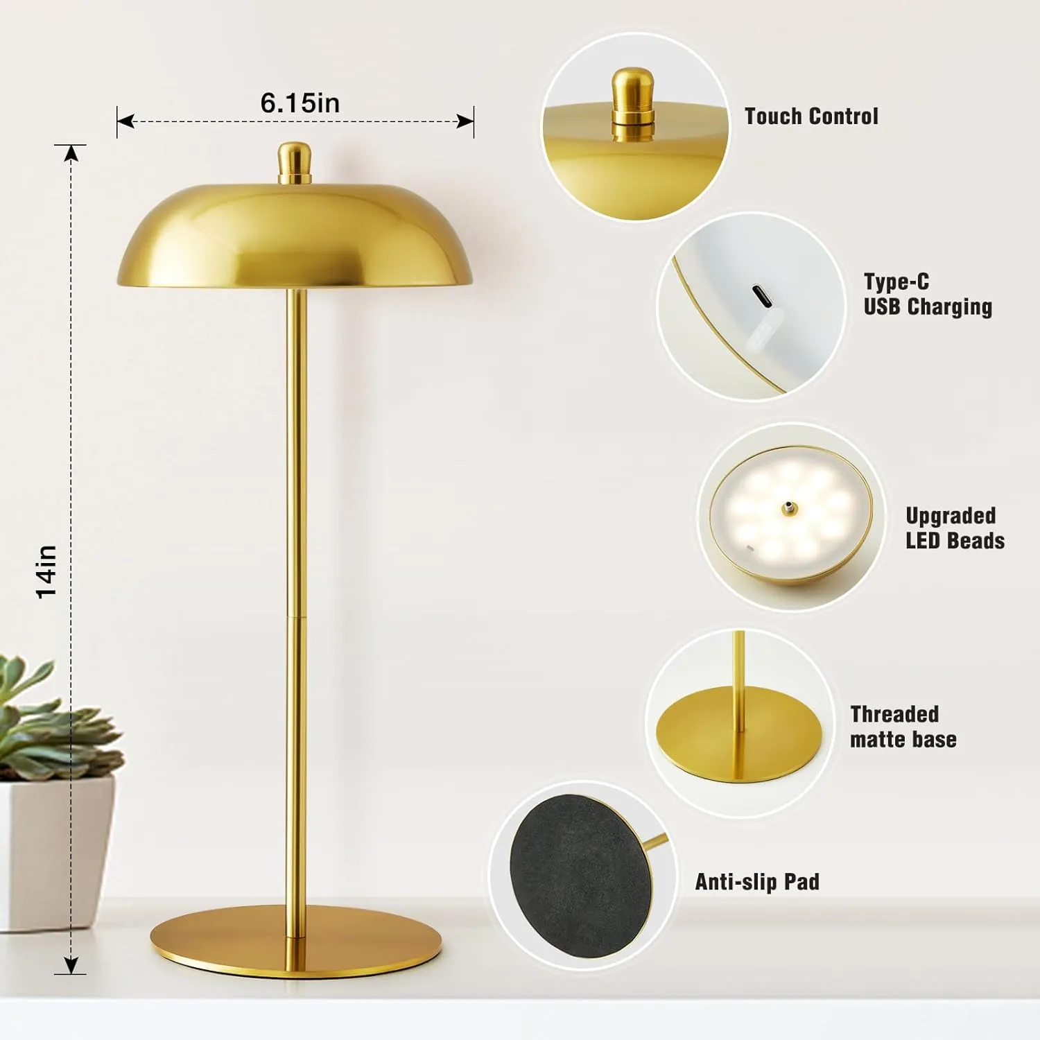 Rechargeable Cordless Table Lamps Set of 2 - Adjustable Height LED Desk Lamp 3 Way Dimmable Battery Operated Touch Nightstand Reading - Gold Small Bedside Table Lamp for Dorm Home Bedroom Office