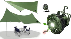 Rechargeable Fan   Camping Tarp, Large Waterproof Tent Tarp & Tent Fan with LED Light & Remote Control for Camping Car Office Hurricane Emergency Survival