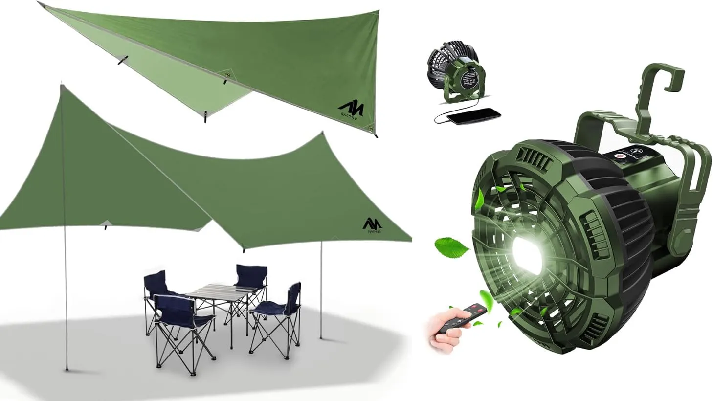 Rechargeable Fan   Camping Tarp, Large Waterproof Tent Tarp & Tent Fan with LED Light & Remote Control for Camping Car Office Hurricane Emergency Survival