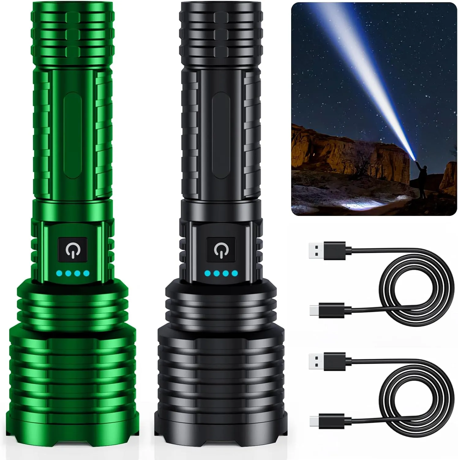 Rechargeable Flashlights High Lumens, Powerful LED Flashlight XHP160-A8 with 5 Modes & Zoomable & IPX7 Waterproof, Tactical Flashlight for Camping, Hiking, Emergencies(2 Pack)