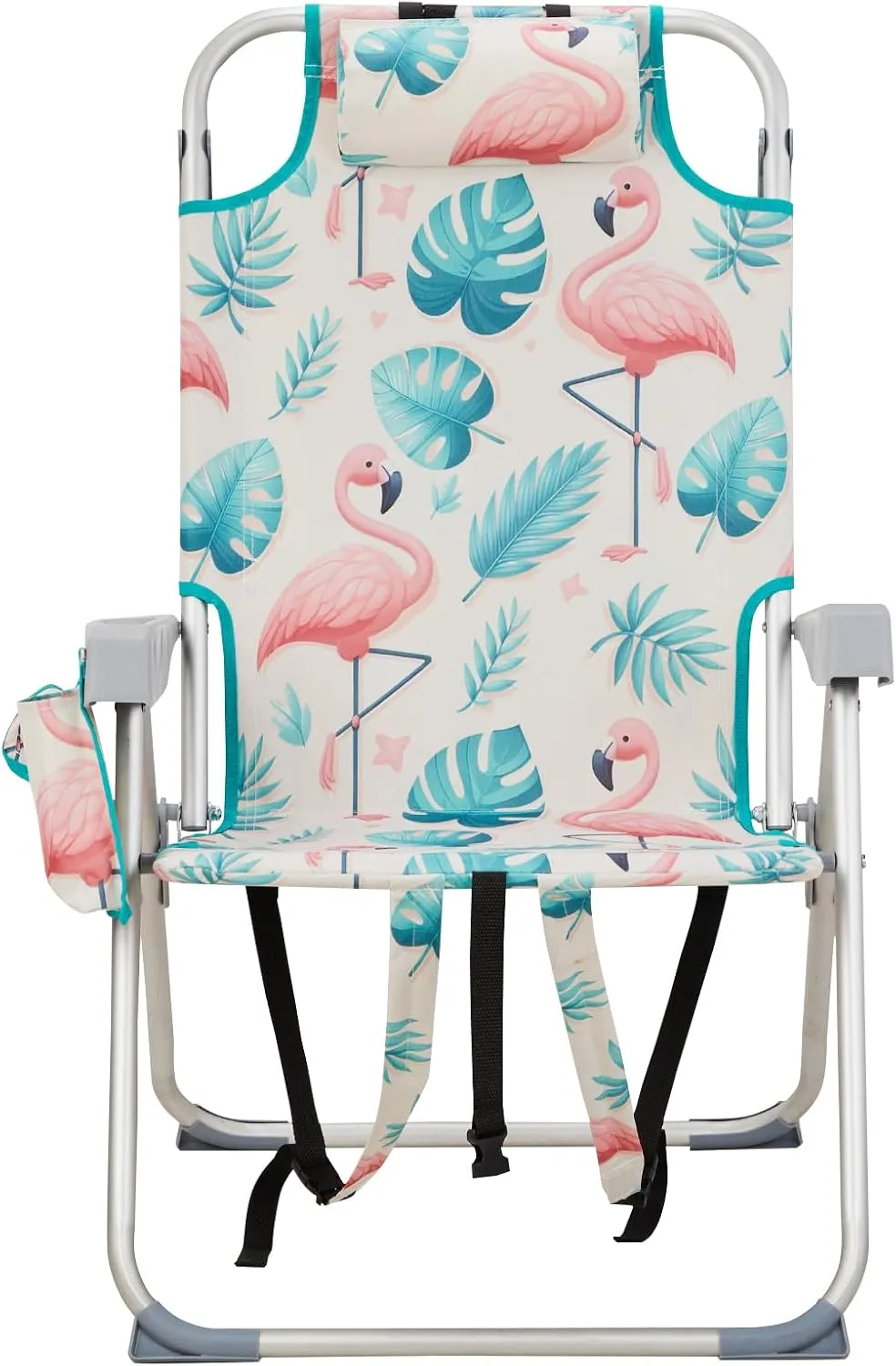 Reclining Backpack Beach Chair, Folding Beach Chair for Adults, Lightweight Beach Chair, High Back Beach Chairs,Lightweight Folding Beach Camping Chairs, Flamingo 63 x 70 x 99cm