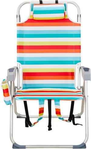 Reclining Backpack Beach Chair, Folding Beach Chair for Adults, Lightweight Beach Chair, High Back Beach Chairs,Lightweight Folding Beach Camping Chairs, Rainbow Stripes 63 x 70 x 99cm